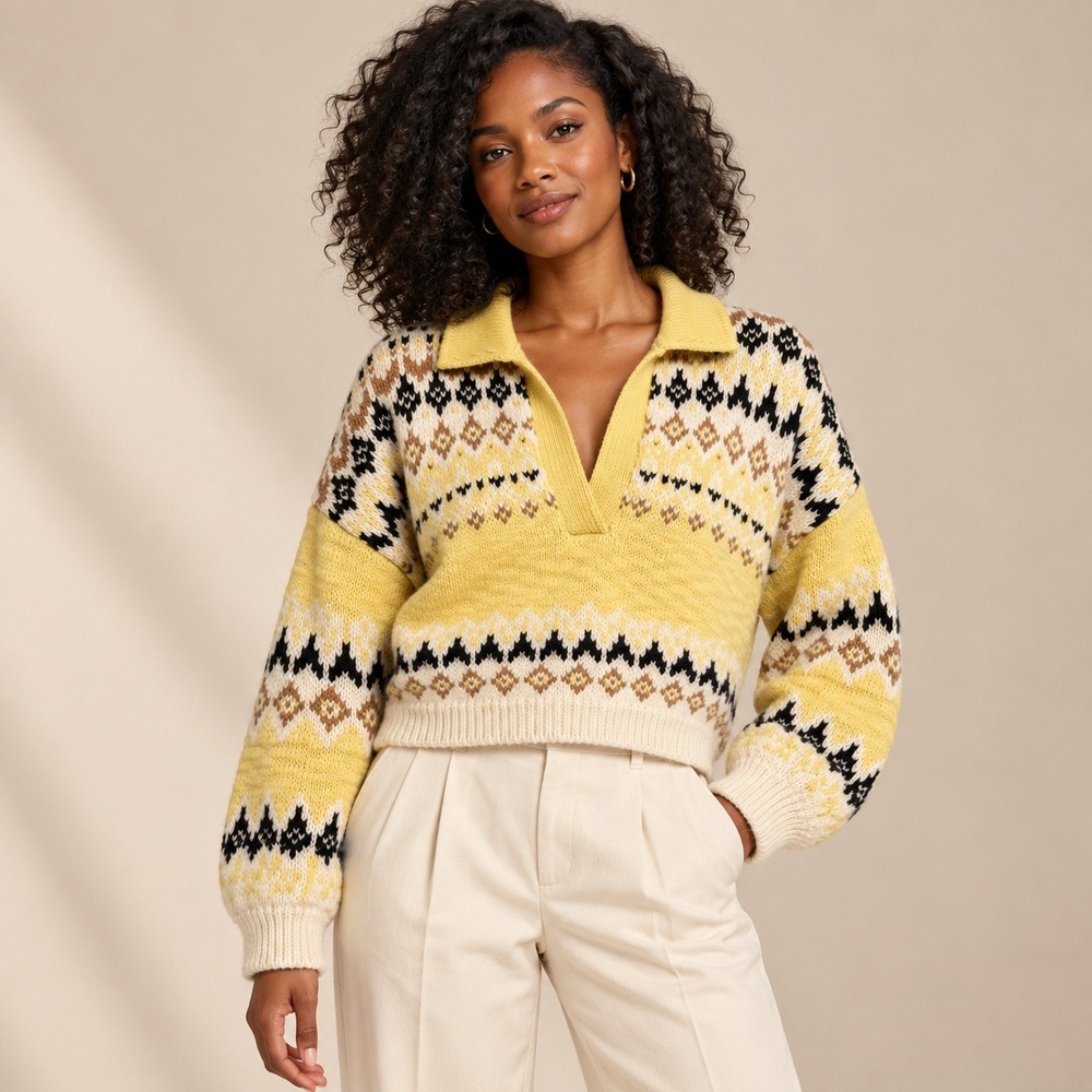 A.L.C. Fair Isle Polo Sweater 100% Merino Wool Womens L Yellow Chunky Knit